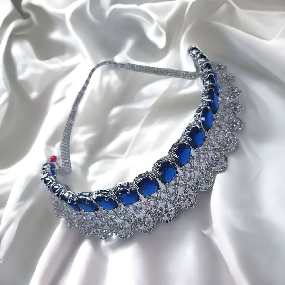CZ Diamond Handmade Necklace Earrings Tikka Set,  Silver Blue Bridal Necklace NW